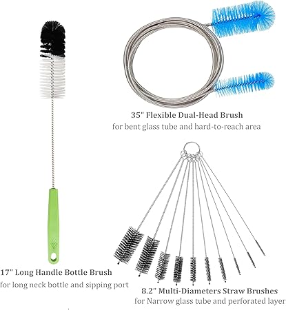 Set of 12 Tube Pipe Cleaners Kit - for Cleaning Narrow Neck Bottle, Curved Glass Tube, Hard-to-Reach Crevices,17 Long Handle Brush,8.2 Multi-Diameters Brushes,35 Flexible Dual-Head Cleaner