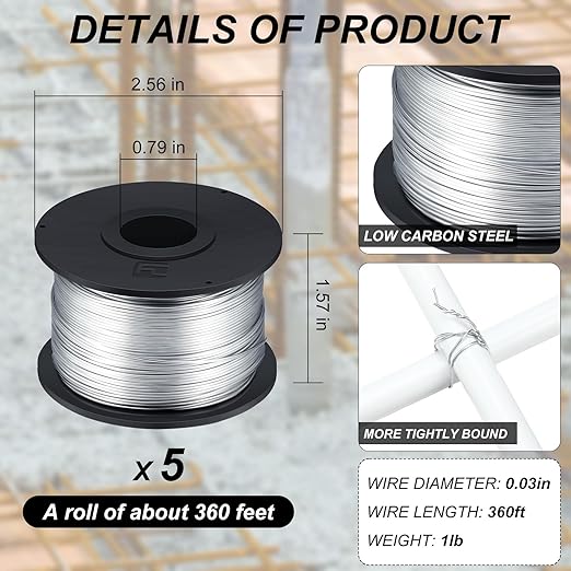 Shimeyao 5 Rolls Rebar Tie Wire Tool 132" 0.8 mm 360 ft Rebar Gun Tie Wire Coil for Automatic Twister Machine, 3600 ft Totally