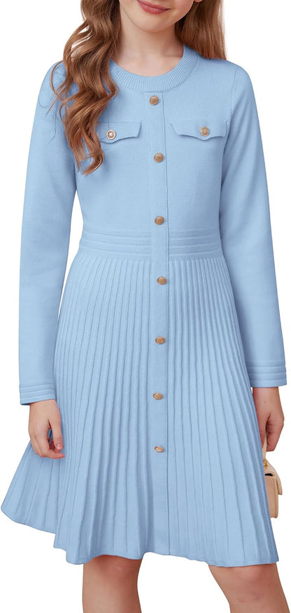 Girls Sweater Fall Dress Long Sleeve Knit Button Front Pleated A-Line Casual Winter Midi Dresses 5-14Y