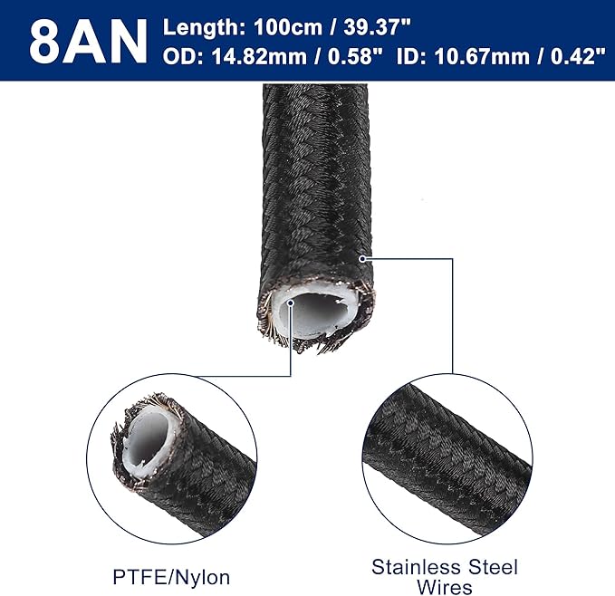 AN8 12 3ft Universal Braided PTFE Nylon Stainless Steel for E85 Car Oil Fuel Gas Line Hose Black