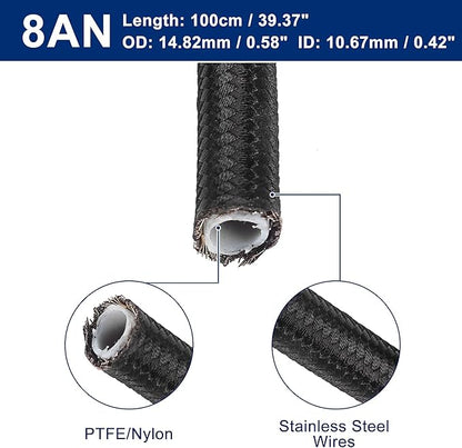 AN8 12 3ft Universal Braided PTFE Nylon Stainless Steel for E85 Car Oil Fuel Gas Line Hose Black