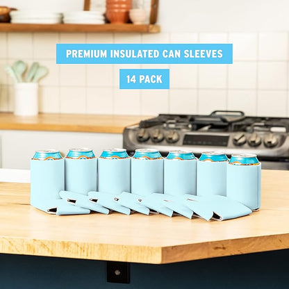 Blank Beer Can Coolers Sleeves (14-Pack) Soft Insulated Beer Can Cooler Sleeves - HTV Friendly Plain Can Sleeves for Beer Cans  Bottles - Blanks for Vinyl Projects  Wedding Favors (Light Blue)