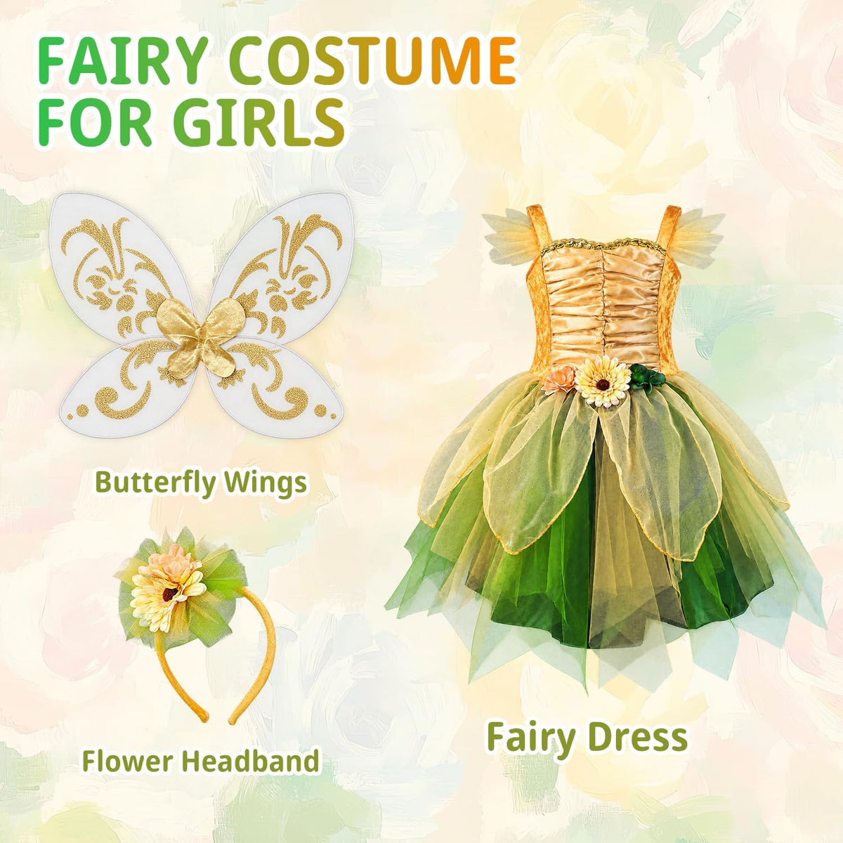 Fairy Costume Dress for Girls, Green Princess Flower Girl Dress, Tutu Dress with Headband and Wings (5 - 6 year)