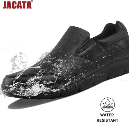 Jacata Non Slip Black Work Shoes for Men Food Service Mens Water Slip Resistant Leather Slip on Chef Walking Shoes for Restaurant Kitchen Sneakers