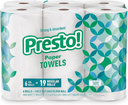 Amazon Brand - Presto! Ultra-Strong Premium Paper Towels, 158 Sheet Huge Roll - Flex-a-Size, 12 Rolls (2 Packs of 6), Equivalent to 38 Regular Rolls, White