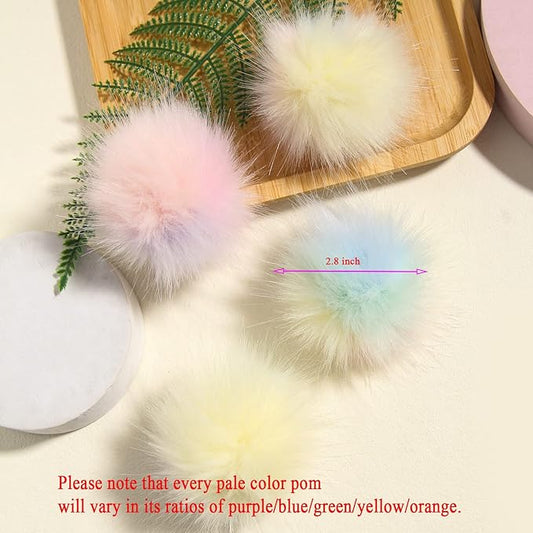 Faux Fur Pom Poms for Knitting Hats Scarves Gloves Bags 2.8 Inch Fluff Pompom Ball with Elastic Loop DIY Keychains Accessories Pack of 6 (Pale Color)