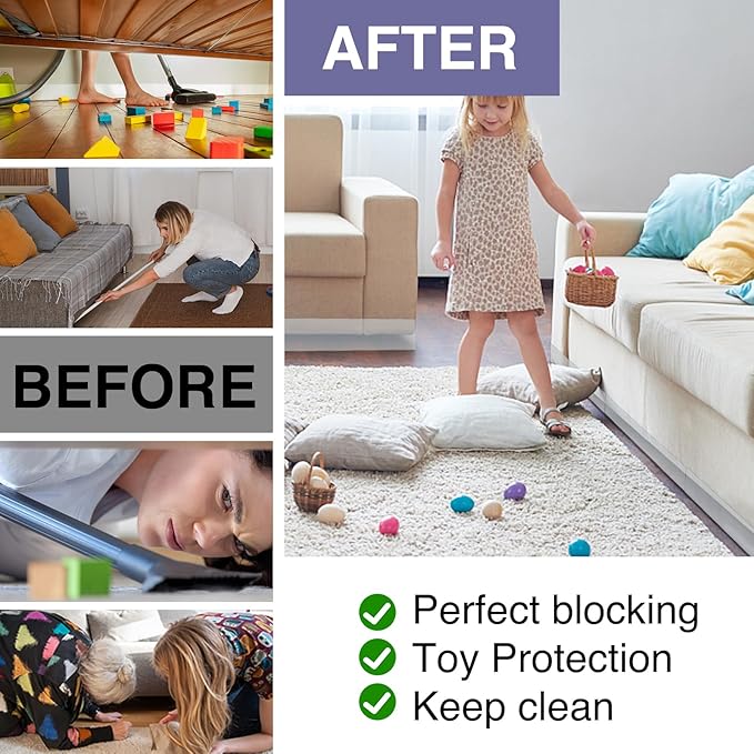 8 Pack Toy Blocker for Furniture, Clear Under Couch Blocker, Stop Things Going Under Sofa or Bed, 16" L x 1.6" H, Adjustable Gap Bumper for Furniture with Strong Tape