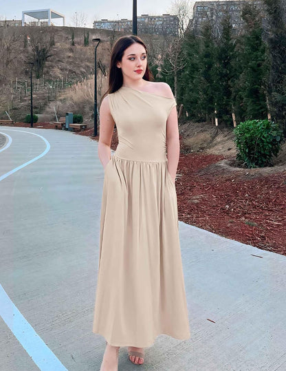 ZESICA Women's Summer 2026 Sleeveless Maxi Dress One Shoulder Casual Slim Swing Pleated Formal Dresses with Pockets.