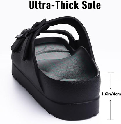 Platform sandals with arch support, cushioned sole, and adjustable straps for a comfortable, versatile summer look.