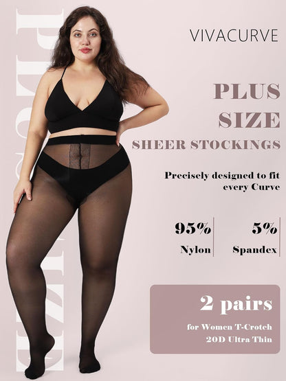 Plus Size Sheer Black Tights for Women T-Crotch 20D Ultra Thin Pantyhose High Waist Stockings 2 Pairs (Open Box)