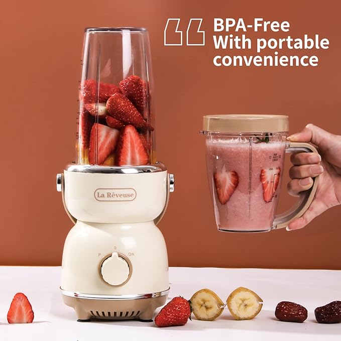 La Reveuse Personal Size Blender 300 Watts for Shakes Smoothies Seasonings Sauces with 17 oz Cup  10 oz Mug,Retro Style