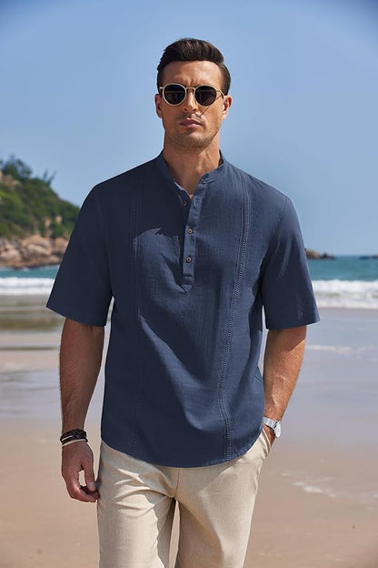 COOFANDY Men's Cotton Linen Henley Shirt Short Sleeve Hippie Casual Band Collar Summer Beach T-Shirts