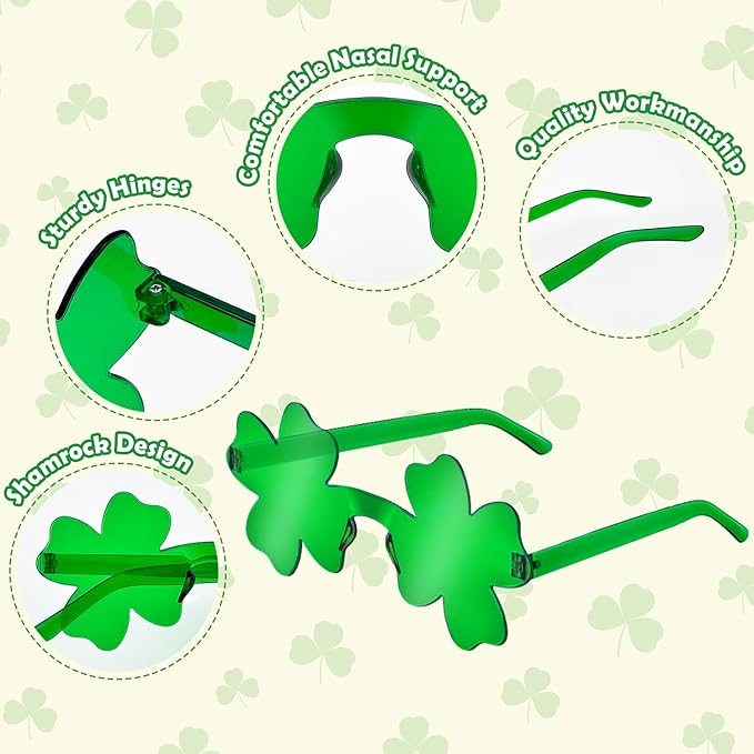 St Patricks Day Green Shamrock Glasses 6 PCS, Irish Four Leaf Clover Universal Fit Sunglasses Party Favor Supplies Accessories, Saint Patricks Gifts Decorations Photo Props for Parade Outfits Costume