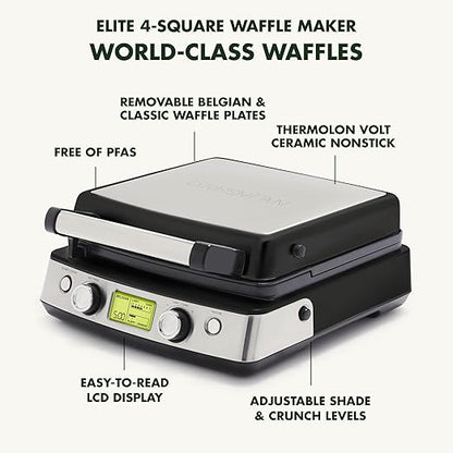 GreenPan Elite 4-Square Belgian & Classic Waffle Iron, Healthy Ceramic Nonstick Aluminum Dishwasher Safe Plates, Adjustable Shade/Crunch Control, Wont Overflow, Easy Cleanup Breakfast, PFAS-Free,Black