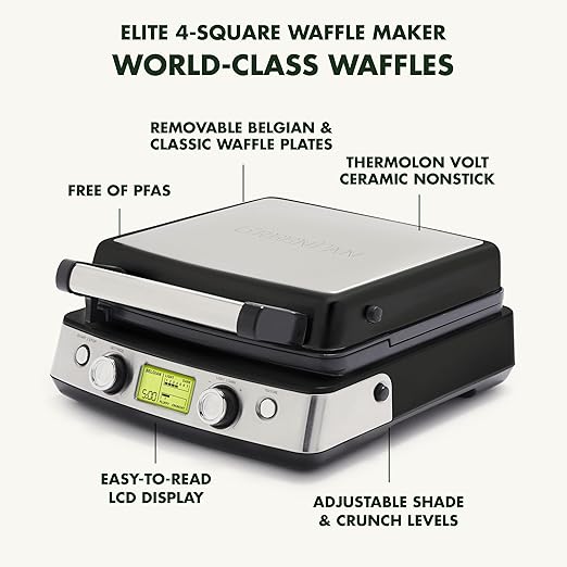 GreenPan Elite 4-Square Belgian & Classic Waffle Iron, Healthy Ceramic Nonstick Aluminum Dishwasher Safe Plates, Adjustable Shade/Crunch Control, Wont Overflow, Easy Cleanup Breakfast, PFAS-Free,Black