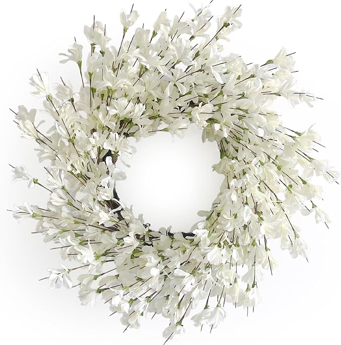 Summer Wreath for Front Door, 24 Inch White Cream Forsythia Summer Spring Wreath Blossom Cluster Flower Farmhouse on Grapevine for Christmas Festival Celebration Front Door Wall Window Hanging Décor