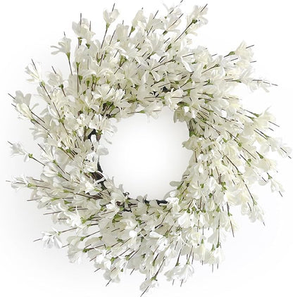Summer Wreath for Front Door, 24 Inch White Cream Forsythia Summer Spring Wreath Blossom Cluster Flower Farmhouse on Grapevine for Christmas Festival Celebration Front Door Wall Window Hanging Décor