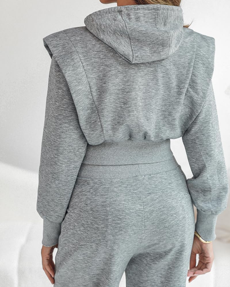 CHICME Womens 2 Piece Outfits Cropped Long Sleeve Hoodie and Wide Leg Sweatpants Set Fall Fashion Sweatsuit Tracksuit.