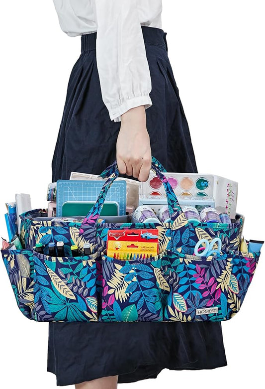 HOMEST Craft Organizer Tote Bag with Multiple Pockets, Storage Art Caddy for Scrapbooking, Crafts Supply Carrier for Tools, Floral