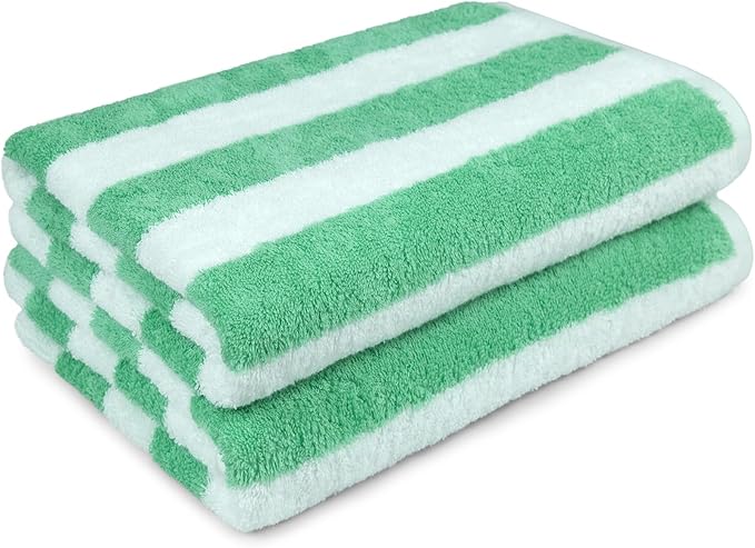 Basics 100% Cotton Terry Cabana Stripe Pool & Beach Towel, Soft & Absorbent, Quick Drying, Large, 2-Pack, Green, 30" x 60"