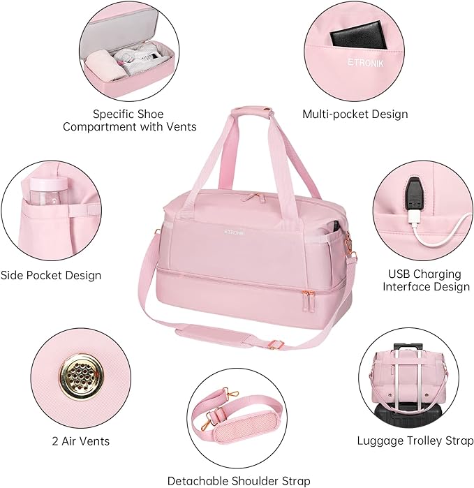 ETRONIK Gym Bag for Women, 55L Travel Duffel Bag with USB Charging Port, Weekender Overnight Bag with Wet Pocket and Shoes Compartment for Women Travel, Large Size (Pink)