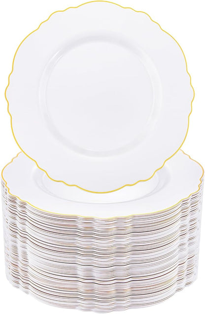 WDF 60pcs Gold Plastic Plates Gold Rimmed Plastic Plates -10.25inch Baroque White And Gold Plastic Wedding Plates Disposable Dinner Plates for Upscale Parties &Wedding