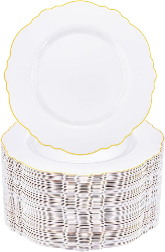 WDF 60pcs Gold Plastic Plates Gold Rimmed Plastic Plates -10.25inch Baroque White And Gold Plastic Wedding Plates Disposable Dinner Plates for Upscale Parties &Wedding