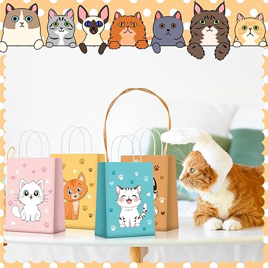 Zhanmai 24 Pcs Cat Goodie Bags Cat Party Favor Kitty Gift Bags with Handles Cat Candy Treat Paper Bags for Kids Cat Birthday Party Decoration Supplies for Pet Adoption