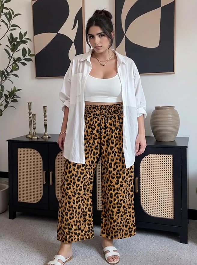 SHEIN Plus Size Pants Summer Palazzo Wide Leg Pants Smocked High Waist Ankle Beach Lounge Trouser with Pockets XL -5XL