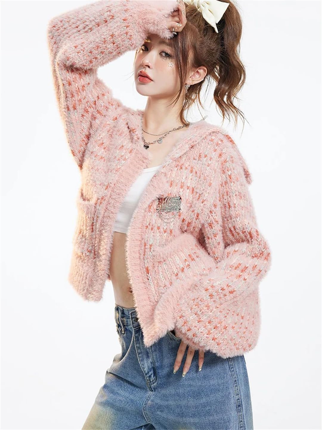 Women Knitted Cardigan Loose Lazy Wind Sailor Collar Sweaters Textured Patchwork Tops