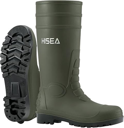 HISEA Men's Rain Boots with Steel Shank, Waterproof Rubber Protective Footwear, Seamless PVC Rainboots Outdoor Work Boots, Durable Garden Fishing Tall Kneed Boot for Agriculture and Industrial Working