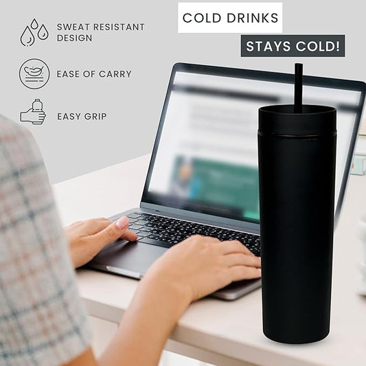 SKINNY TUMBLERS 4 Pack - Matte Pastel Colored Acrylic Tumbler with Lid and Straw- Perfect for Home, Parties, Travel 16oz Double Wall Reusable Plastic Tumbler w Straw Cleaner INCLUDED,BLACK