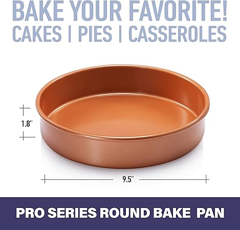 Gotham Steel Round Baking Pan Nonstick Bakeware, Round Cake Pan,  Large 9.5 x 9.5 x 2 Size, Even Heat  Non-Warp Technology, Ultra Nonstick Ceramic Coating, Dishwasher Safe, Brownish