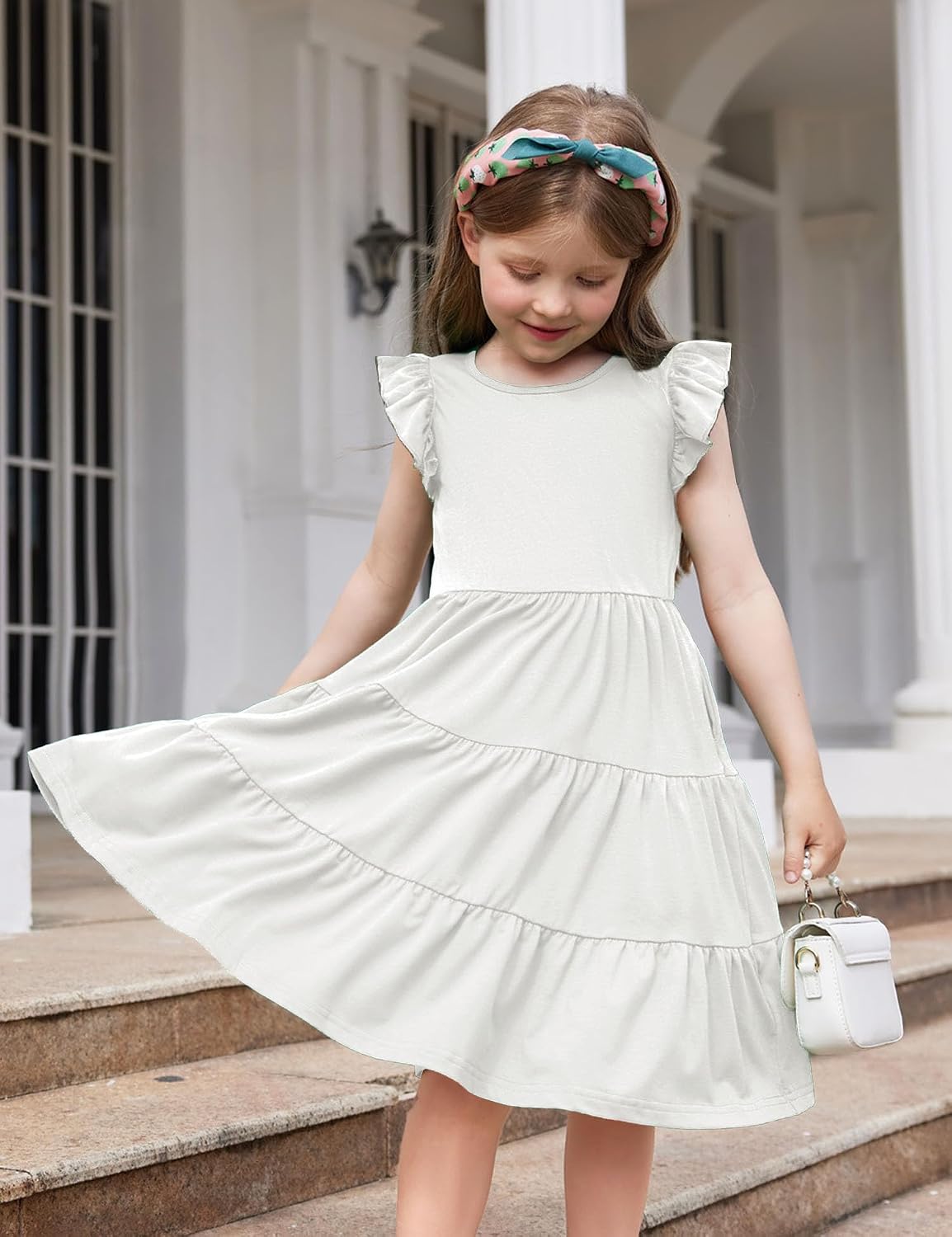 Toddler Dress Girls Summer Ruffle Sleeve Tiered Swing Midi Casual Sundress with Pockets