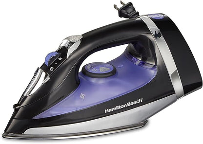 Hamilton Beach Steam Iron for Clothes  Garment Steamer with Smooth Press Stainless Steel Soleplate, 1200 Watts, 8Ao Retractable Cord, Black (14214)