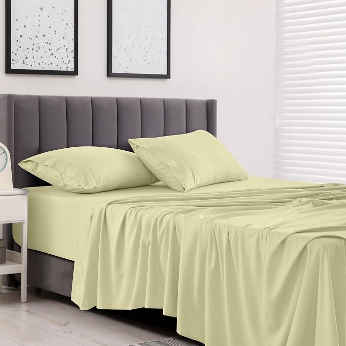 LUX Décor Queen Sheet Set - 4 Piece Ultra-Soft Microfiber Bed Sheets with Flat Sheet, 16 Inches Deep Pocket Fitted Sheet & Pillowcases, Cooling & Breathable, Hotel Luxury, Oeko-TEX - Beige