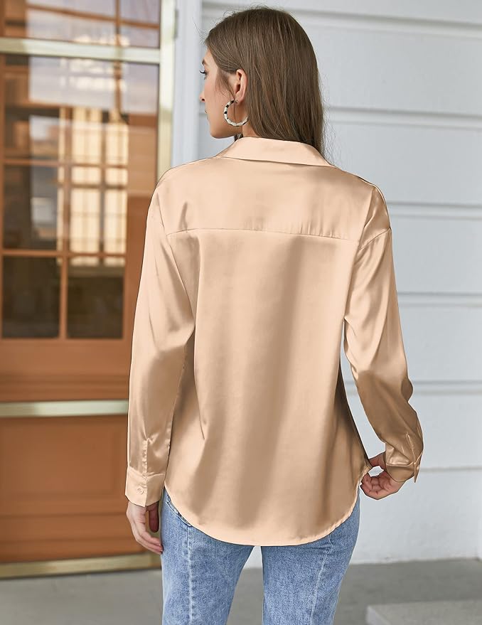 Chigant Women's Blouse Satin Silk Shirts Button Down Shirts Casual Loose Long Sleeve Office Work Tunic Tops