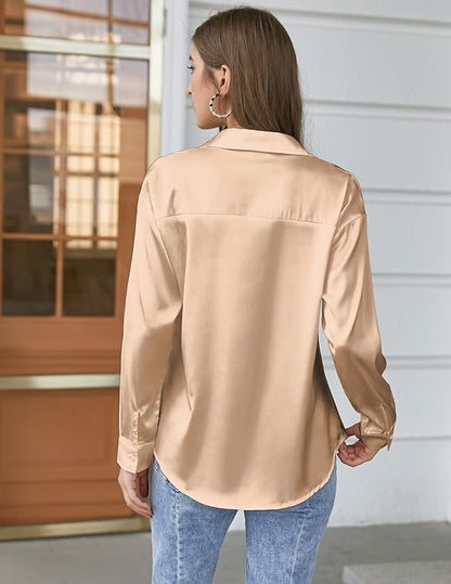 Chigant Women's Blouse Satin Silk Shirts Button Down Shirts Casual Loose Long Sleeve Office Work Tunic Tops