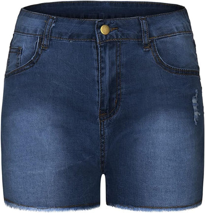 Women High Waisted Skinny Stretchy Denim Shorts Casual Summer Frayed Raw Hem Distressed Ripped Short Jeans