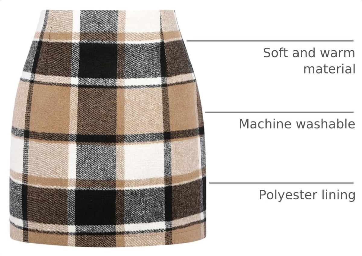 This soft, warm plaid wool blend dress is perfect for fall and winter. The high-waisted, above-the-knee style is versatile for any occasion.