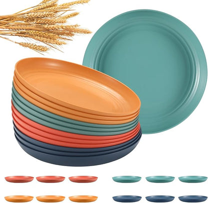 HEYCOME 12 Pcs Unbreakable Deep Dinner Plates Set, 9 inch Reusable Plastic Wheat Straw Plates, Microwave and Dishwasher Safe Plate for Kitchen, Lightweight Plate for Dessert, BPA Free, 4 Colors