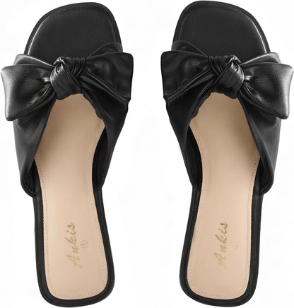 White Sandals Womens Bow Flat Sandals Dressy - Cute Summer Beach Sandals for Women 2026, Square Open Toe Comfortable Slip On Slide Sandals Bride Wedding Bridal Dress Shoes Slippers Balck Pink Gold Nude .