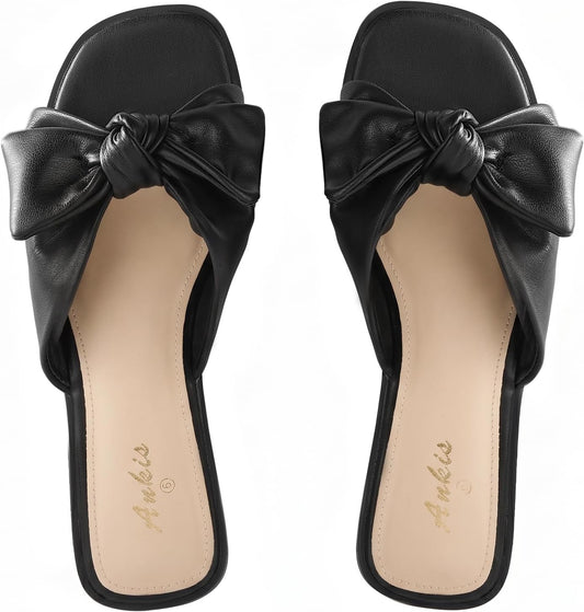 White Sandals Womens Bow Flat Sandals Dressy - Cute Summer Beach Sandals for Women 2026, Square Open Toe Comfortable Slip On Slide Sandals Bride Wedding Bridal Dress Shoes Slippers Balck Pink Gold Nude .