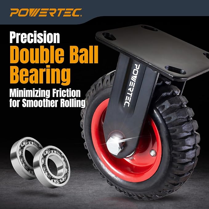 POWERTEC 8 Inch Caster Wheels, Heavy Duty Fixed Plate Casters with Rubber Knobby Tread for Workbench, Dolly, Cart, Trolley, Wagon and Chicken Coop, Large Rubber Castor Wheels, 1PK (17053)