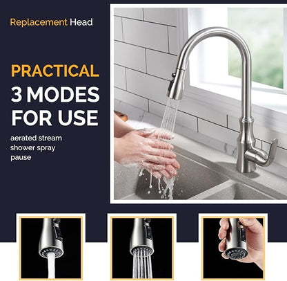 Angle Simple Kitchen Faucet Head Replacement, Sink Faucet Sprayer Attachment, Stream Spray and Pause Mode, Brushed Nickel