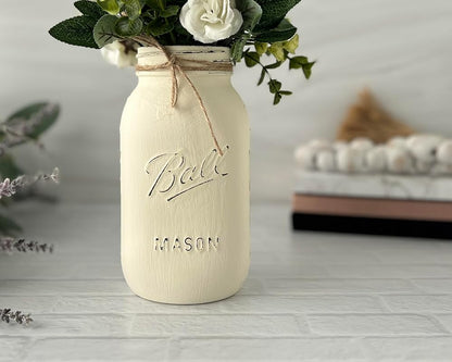Ivory - Hand Painted and Distressed Mason Jar - Quart 32 oz. Regular Mouth, Rustic Farmhouse Painted Mason Jars, Vase For Wedding Centerpiece, Painted Mason Jar Quart, Rustic Mason Jars for Wedding