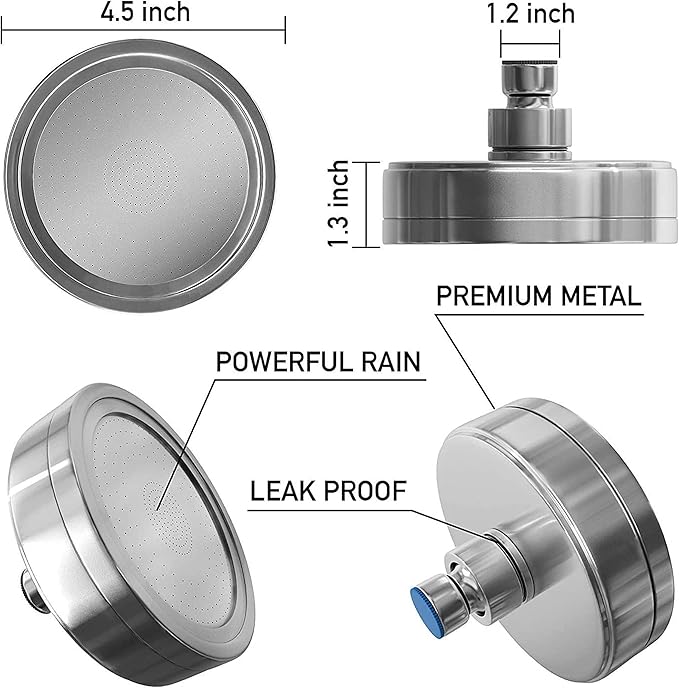 AquaHomeGroup Luxury Filtered Shower Head (Metal) - Vitamin CEA 5 Shower Caps - Reduses Chlorine Sediments - Consistent Water Pressure - Massage and SPA Effery Shower Head