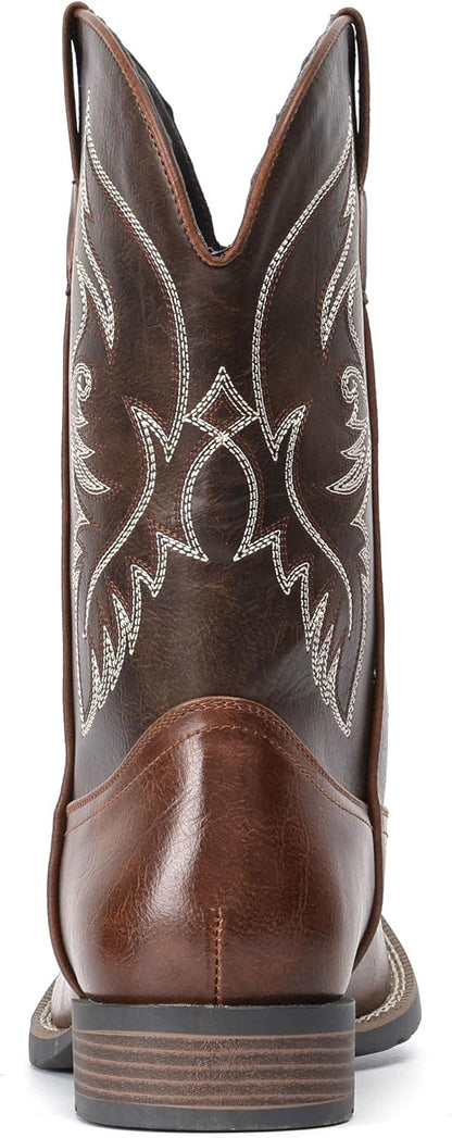 These durable, slip-resistant cowboy boots feature a square toe, classic embroidered design, and breathable cushioning for all-day wear.