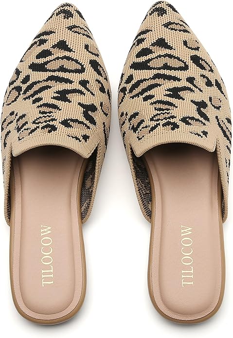 Tilocow Knit Mules for Women Flats Pointed Toe Mesh Ballet Flat Womens Slip On Slides Walking Shoes
