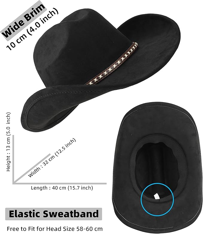 Western Cowboy Hat for Women and Men, Unisex Big Wide Brim Felt Hats for Cowboys and Cowgirls
